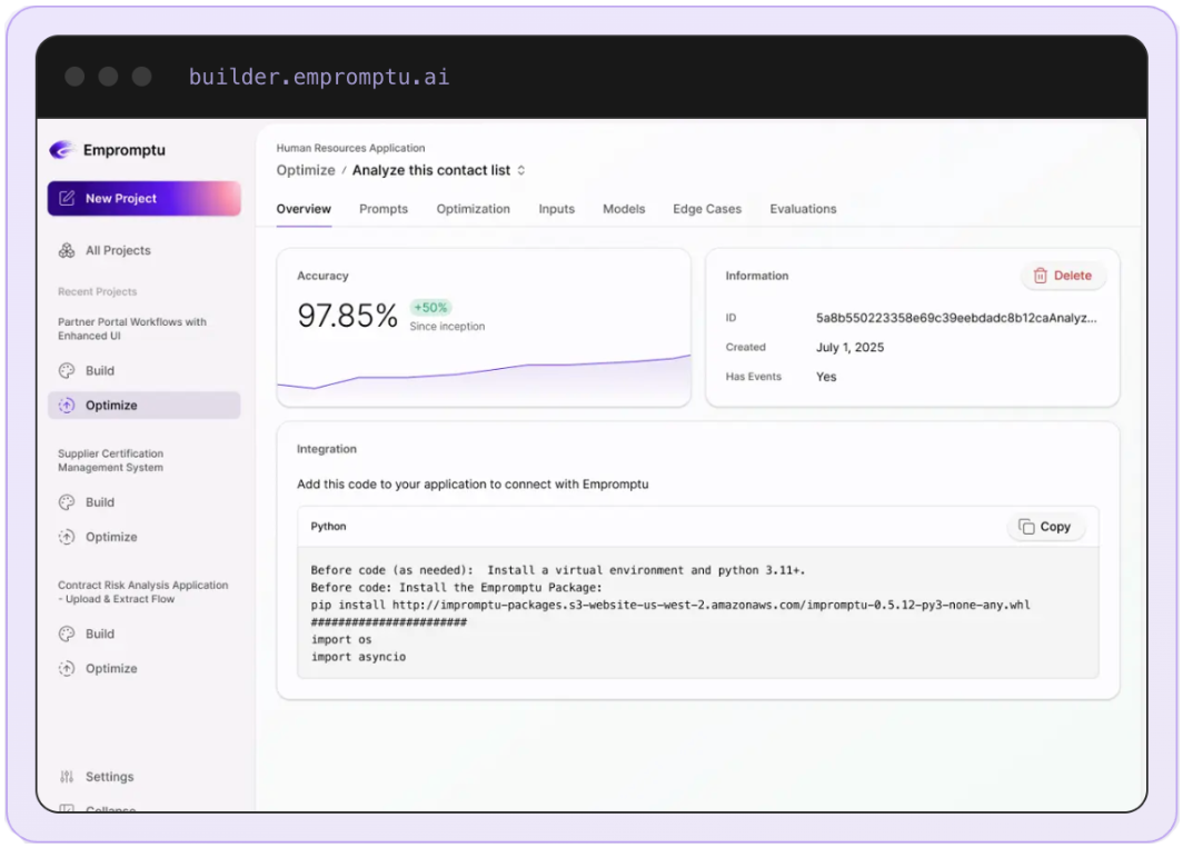 Empromptu builder dashboard showing accuracy score and integration code