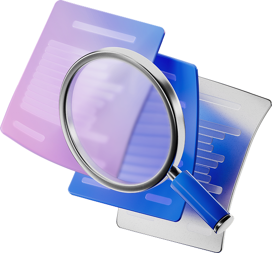 Research visualization with documents and magnifying glass