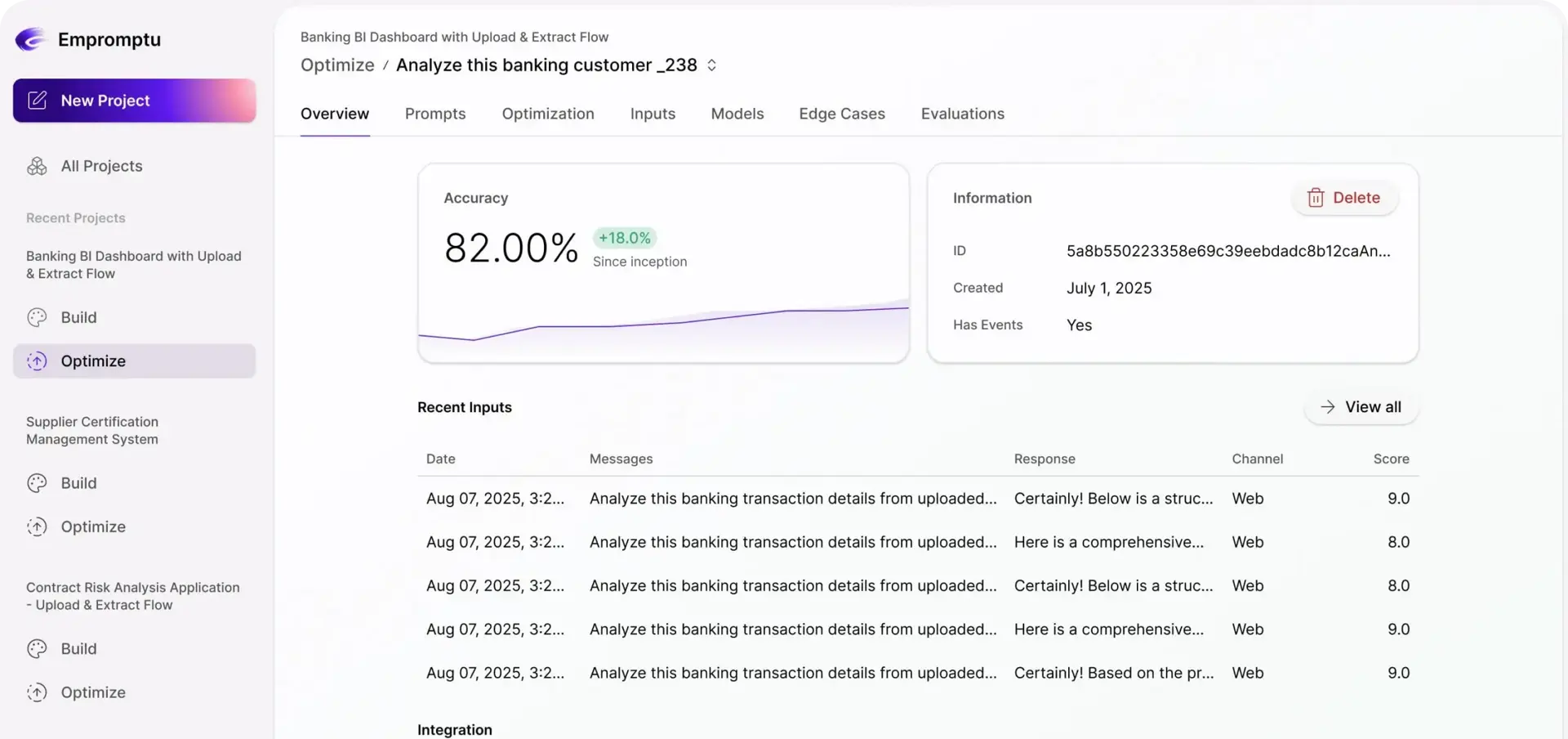Empromptu production dashboard with scoring, monitoring, and optimization controls
