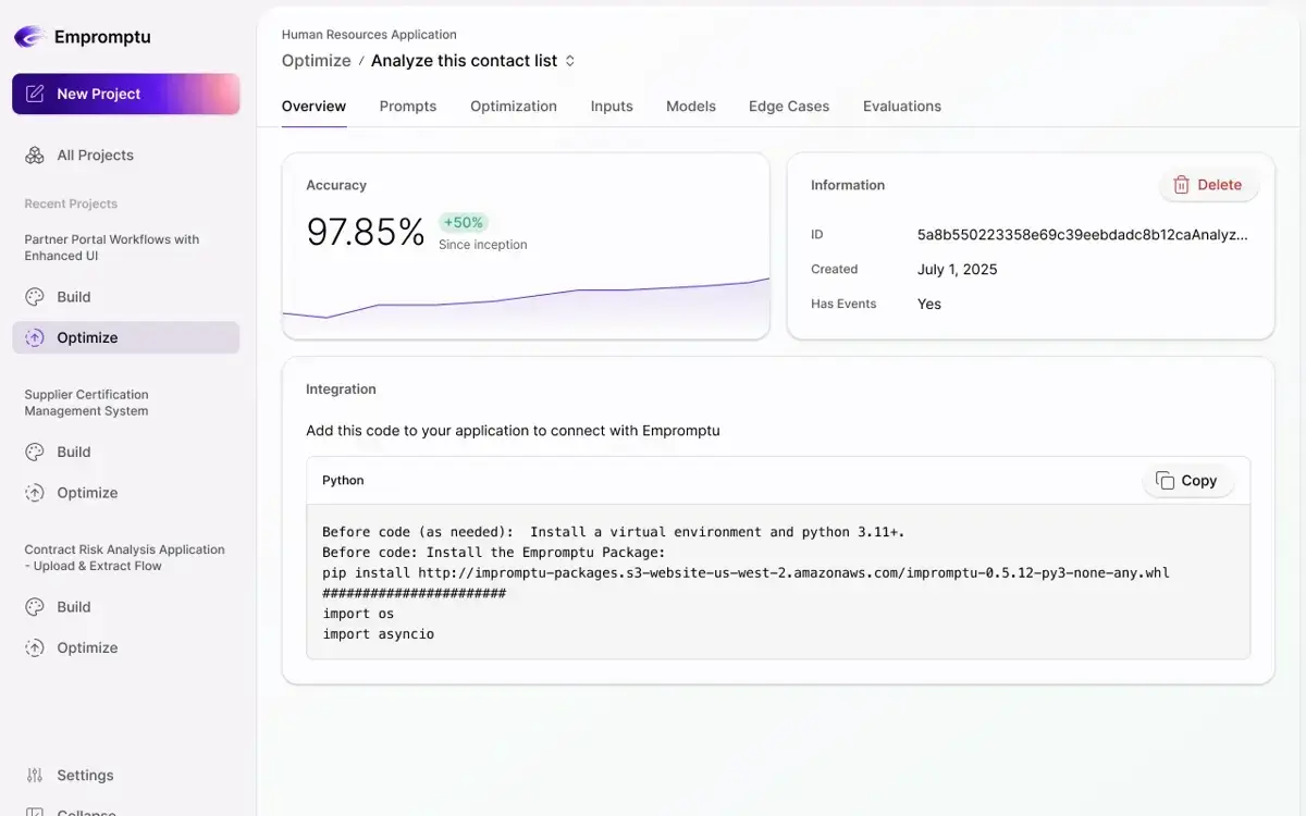 Empromptu app overview showing a 97.85% accuracy score trending up since inception